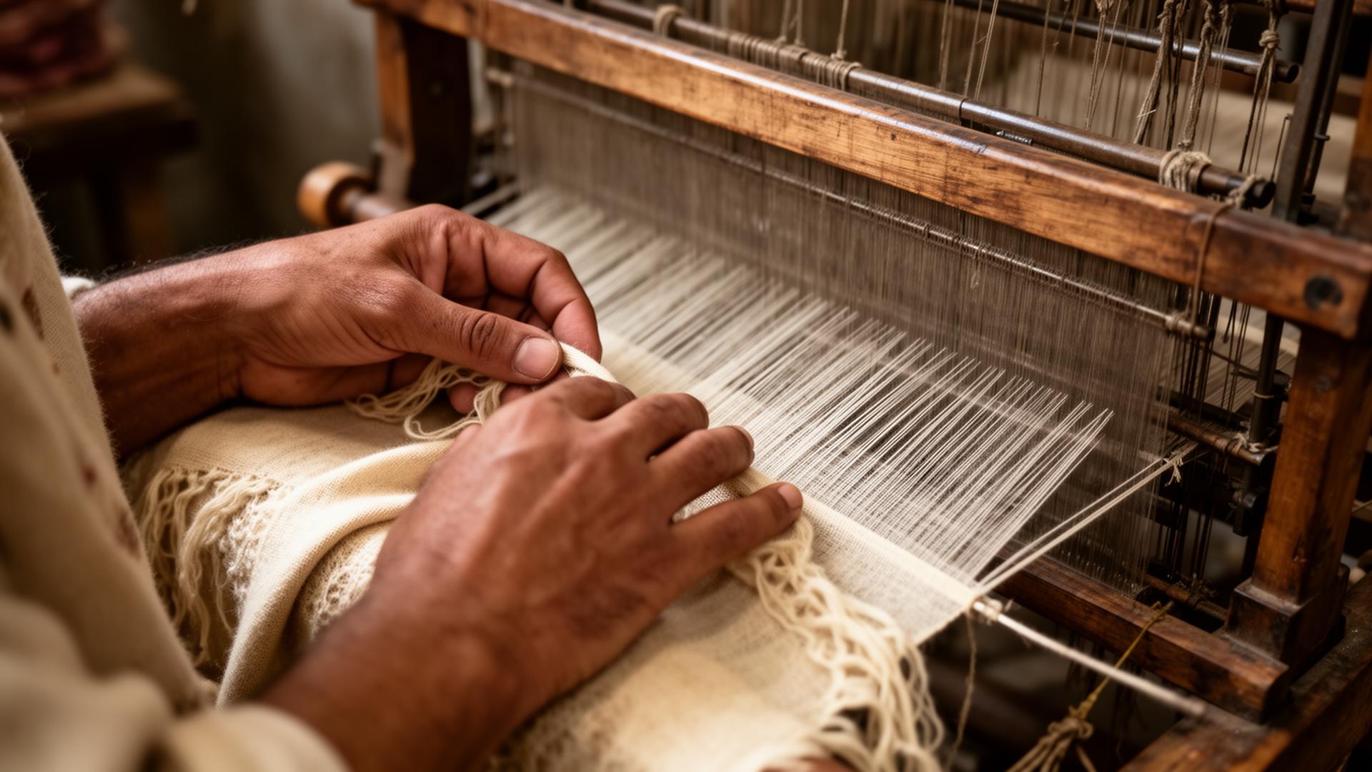 Hands of a Kashmiri weaver at the loom